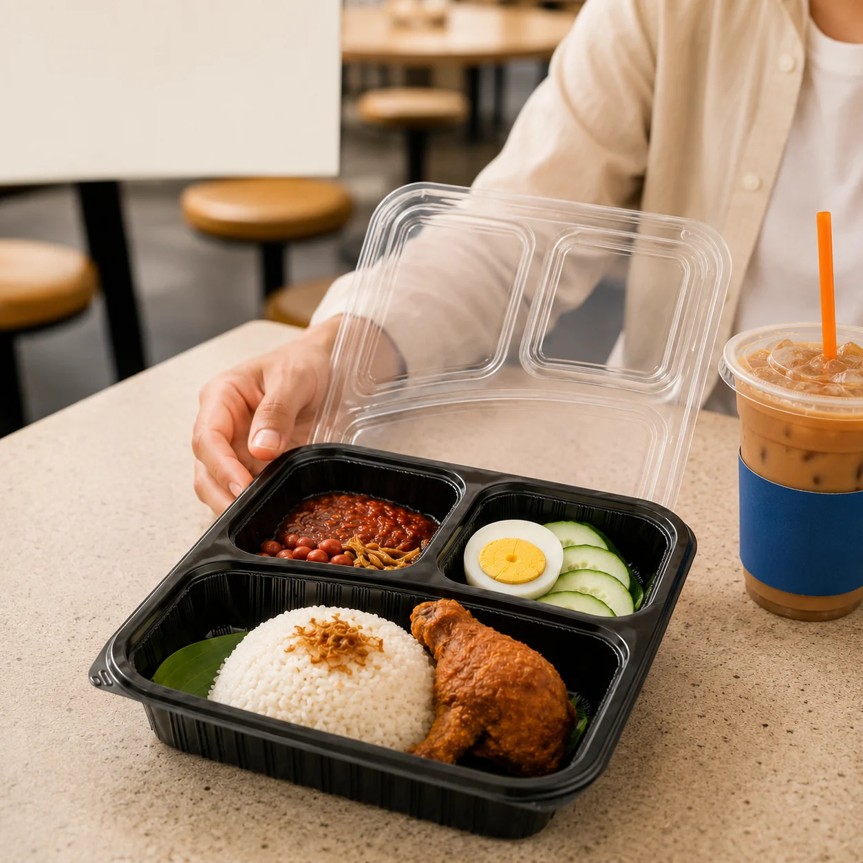 OPS clamshell container with Malaysian food