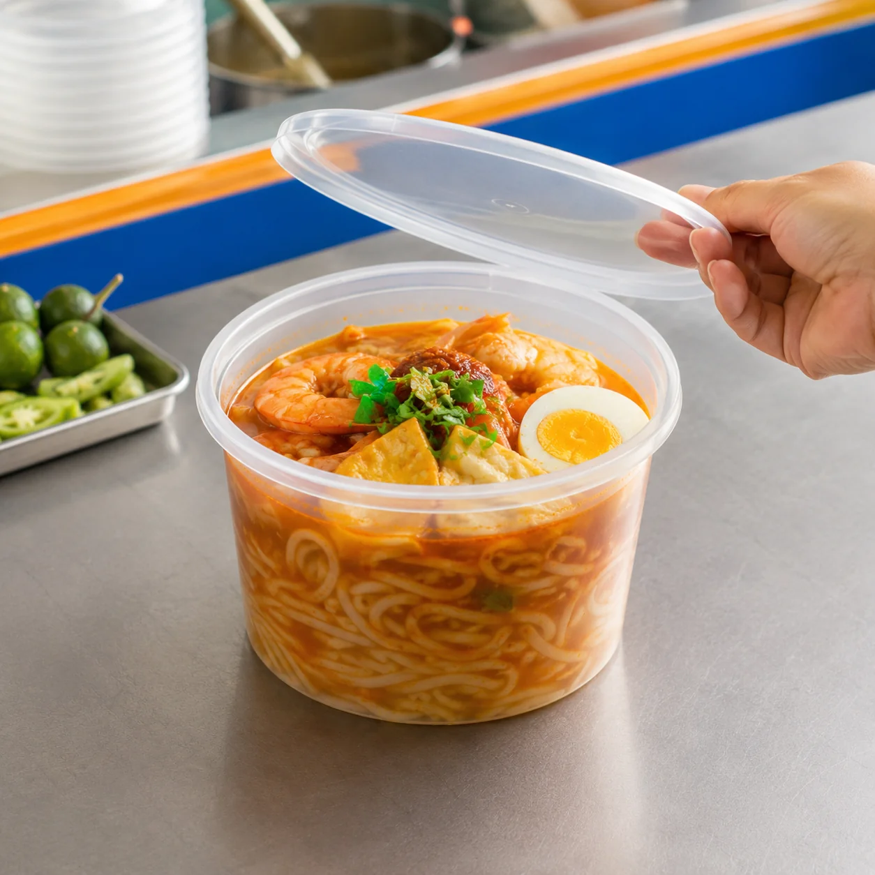 Round food container with laksa