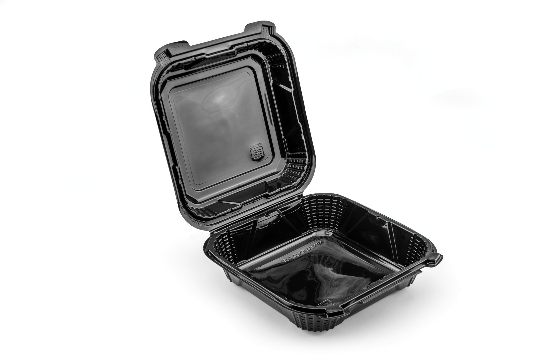 High-quality black plastic food container on white background, ideal for takeout packaging.